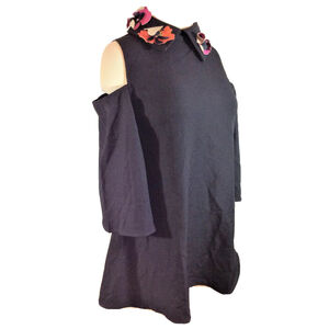 NWT Haoduoyi XS Black Leather Applique Cold Shoulder Micro Mini Dress/Tunic